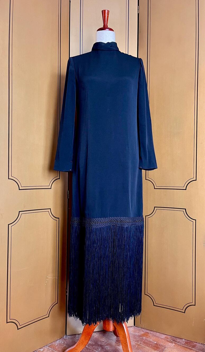 Vintage evening maxi dress in black with fringes, size M